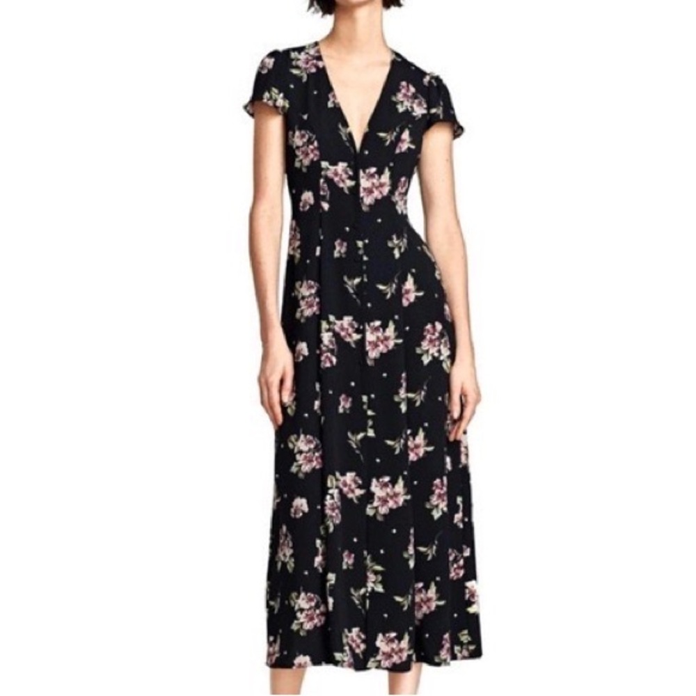 Zara black floral button up midi dress